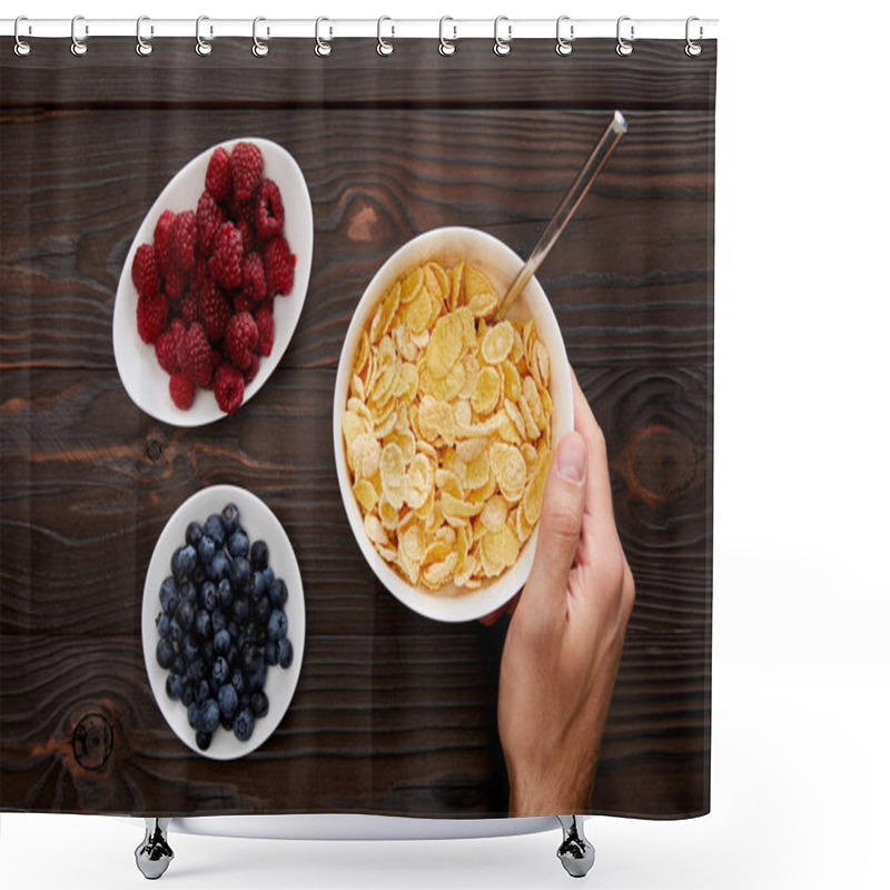 Personality  Cropped Image Of Man Holding Bowl With Cornflakes Near Plates With Fresh Berries On Wooden Surface  Shower Curtains