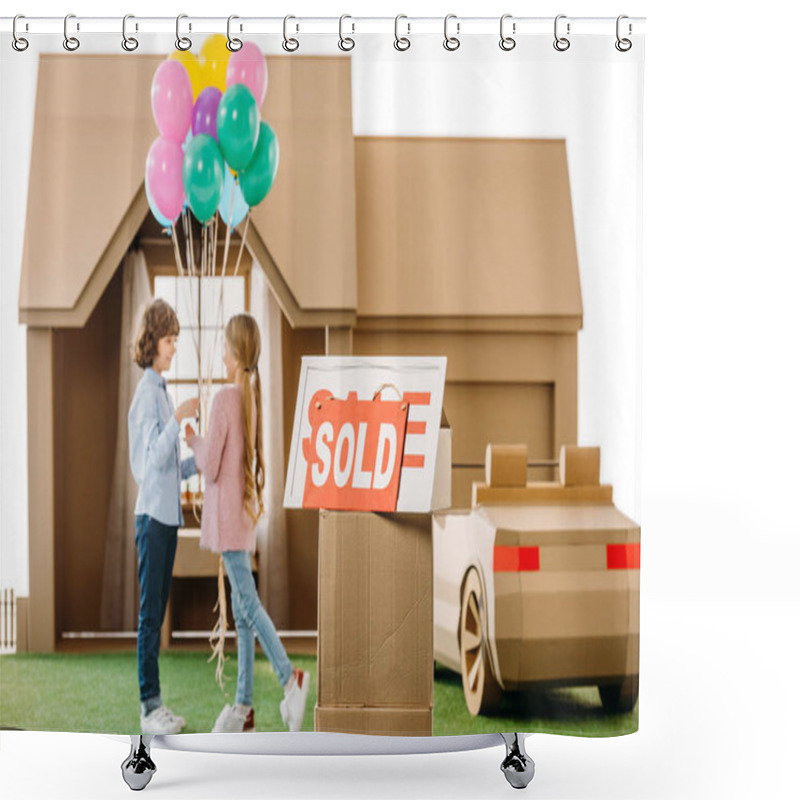 Personality  Kid Presenting Balloons To Girlfriend In Front Of Cardboard House With Sold Signboard On Foreground Isolated On White Shower Curtains