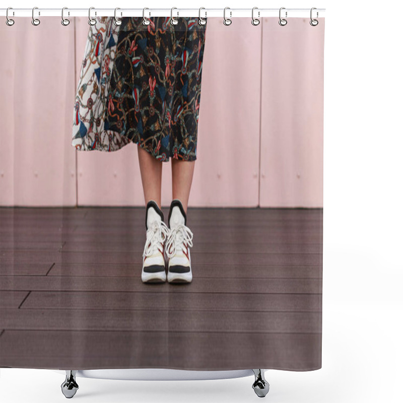 Personality  Close-up Of Female Legs With Fashionable Sneakers Near A Pink Wall Shower Curtains