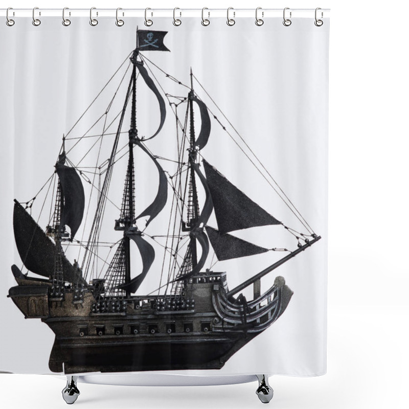 Personality  Black Pirate Ship Of The Eighteenth Century With Guns On White Background Shower Curtains