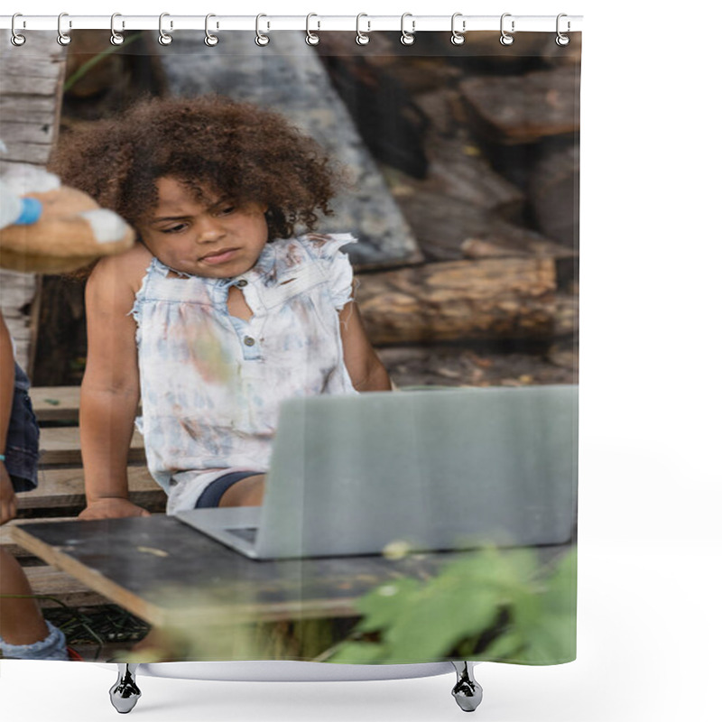 Personality  Selective Focus Of Poor And Skeptical African American Kid Looking At Laptop Near Brother On Urban Street  Shower Curtains