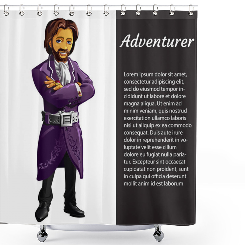 Personality  A Card With A Picture Of Adventurer Isolated On White Background And Sample Text. Vector Cartoon Close-up Illustration. Shower Curtains