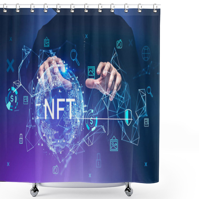 Personality  Man Hacker Hands, Non-fungible Token Hologram, Double Exposure, Nft With Earth Globe And Network Icons. Concept Of Cryptocurrency And Cyber Attack Shower Curtains