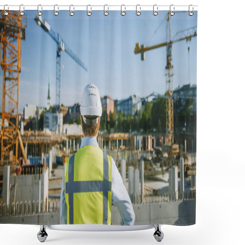 Personality  Confident Bearded Head Civil Engineer-Architect In Sunglasses Is Standing Outside With His Back To Camera In A Construction Site On A Bright Day. Man Is Wearing A Hard Hat, Shirt And A Safety Vest. Shower Curtains