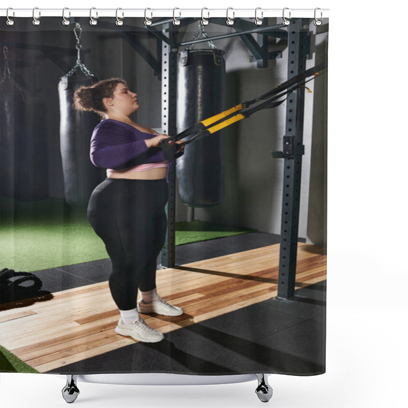 Personality  A Focused Woman Engages In Strength Training Using Equipment In A Vibrant Gym Setting. Shower Curtains