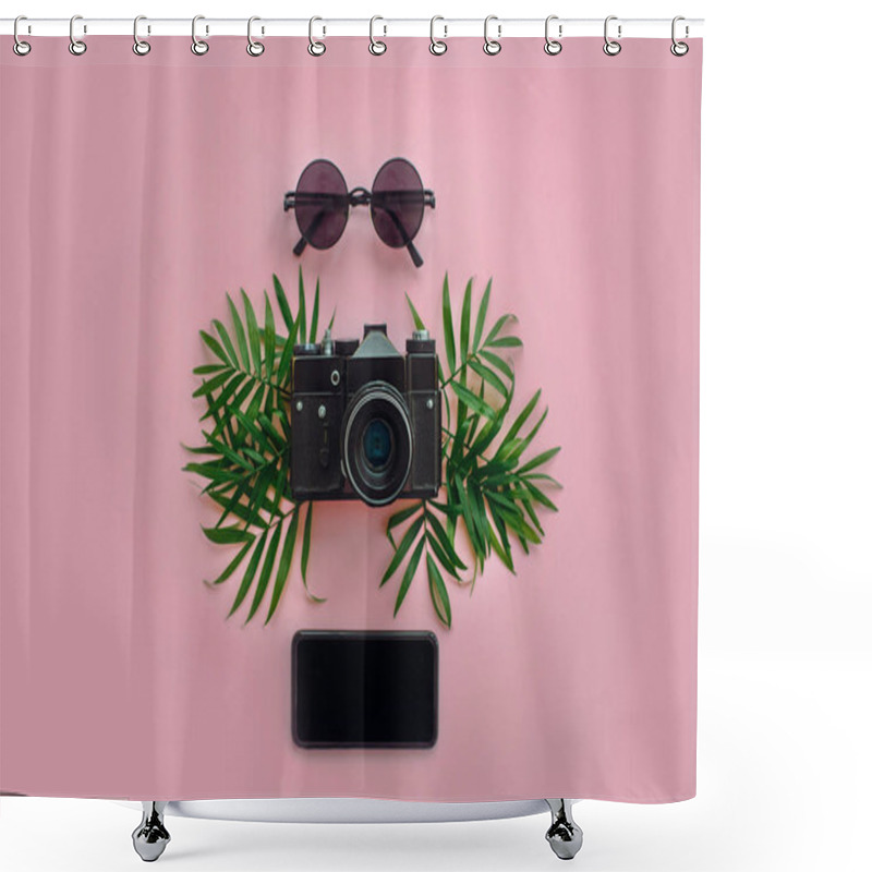 Personality  Stylish Black Photo Camera With Green Palm Leaves, Sunglasses And Phone On Trendy Pink Background, Flat Lay. Modern Hipster Travel Image. Summer Vacation,space For Text Shower Curtains