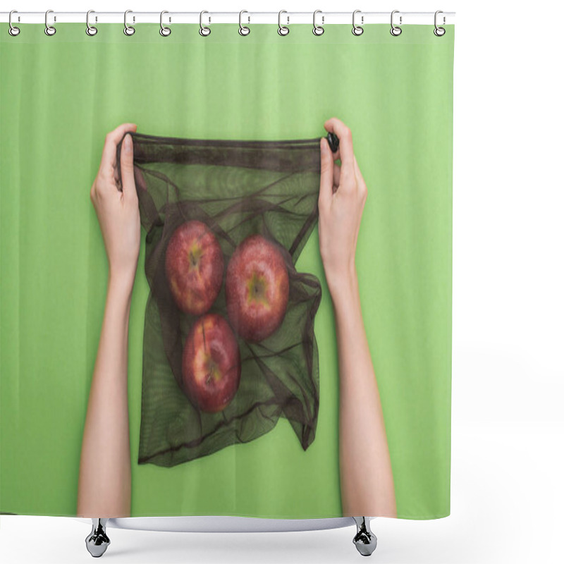 Personality  Partial View Of Woman Holding Red Ripe Apples In Eco Friendly Bag Isolated On Green Shower Curtains