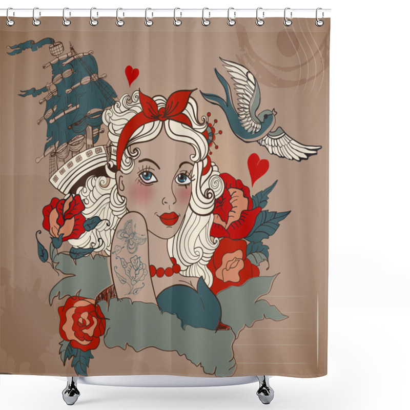 Personality  Old-school Styled Tattoo Woman With Bird And Ship Shower Curtains