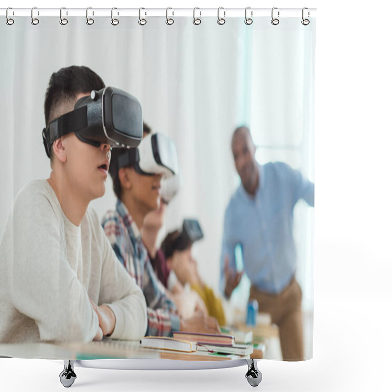 Personality  Side View Of Multicultural Schoolchildren Using Virtual Reality Headsets And Talking Teacher Standing Behind Shower Curtains