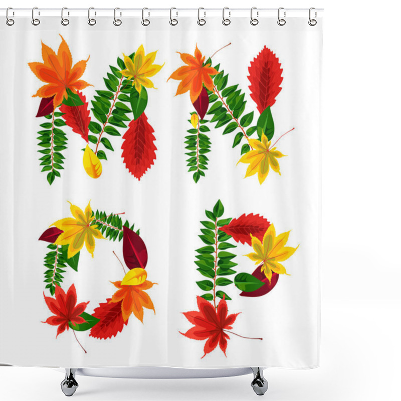 Personality  Set Of Autumn Letters Composed Of Beautiful Red, Yellow, Green And Orange Leaves. Autumn Alphabet. M, N, O, P. Set Autumn Letters. Letters From The Leaves. Shower Curtains