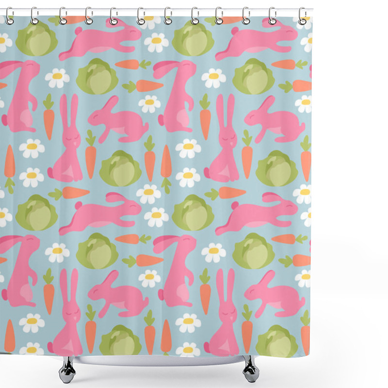 Personality  Rabbits With Carrots, Cabbage And Flowers. Seamless Vector Pattern. Animal Background Cute Cartoon Bunnies. Shower Curtains