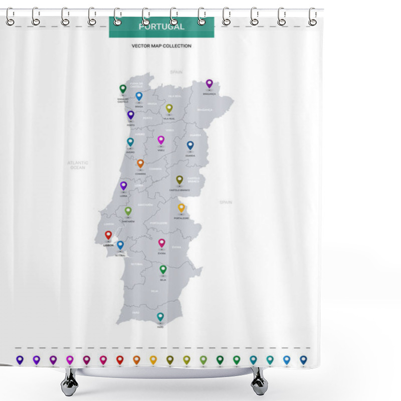 Personality  Portugal Map With Location Pointer Marks. Infographic Vector Template, Isolated On White Background.  Shower Curtains