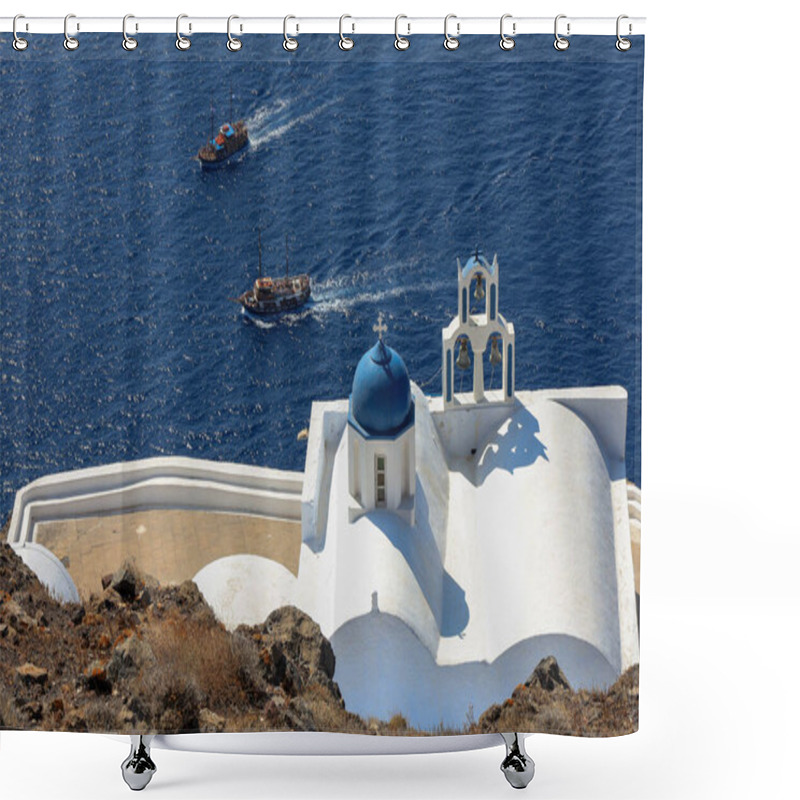 Personality  A Whitewashed Church With A Vibrant Blue Dome And Three Traditional Bells Overlooks The Vast Aegean Sea. Shower Curtains