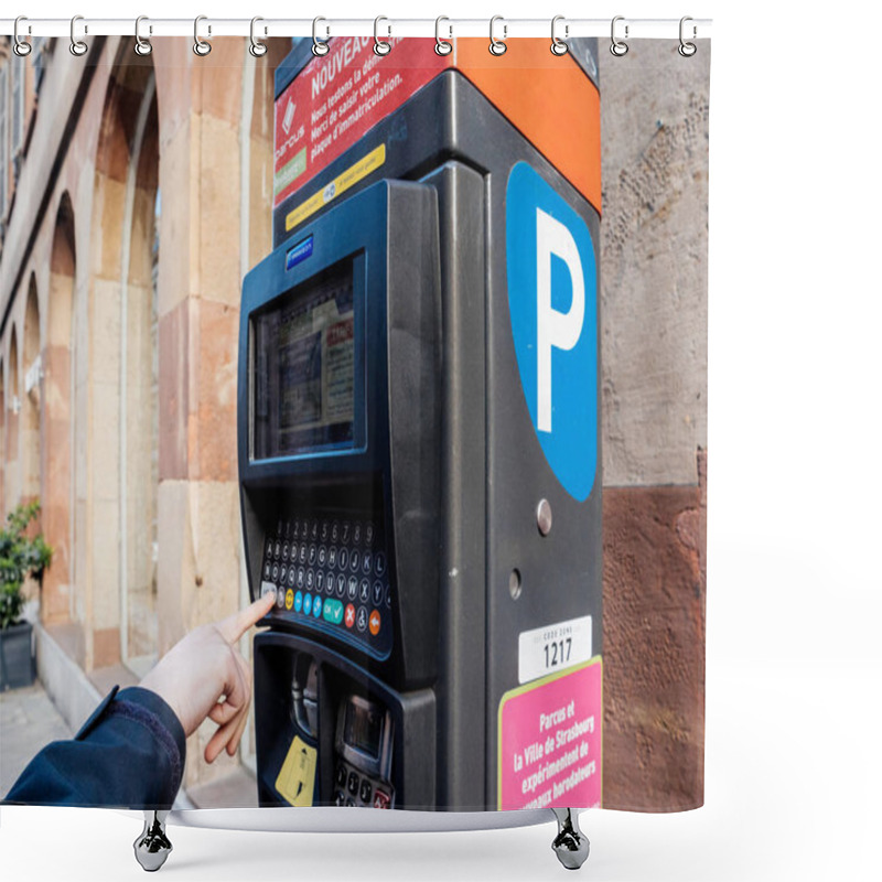 Personality  Woman Paying For Parking At The New Parking Ticket Payment Machi Shower Curtains