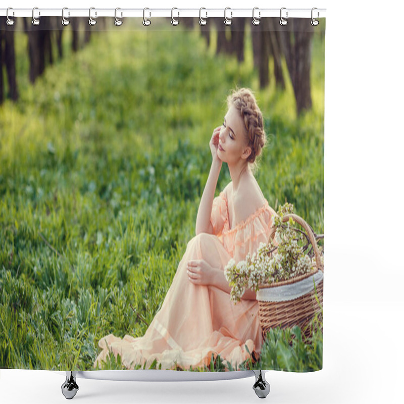 Personality  Beautiful Young Girl In An Old Dress In A Pear-blossoming Garden. Shower Curtains