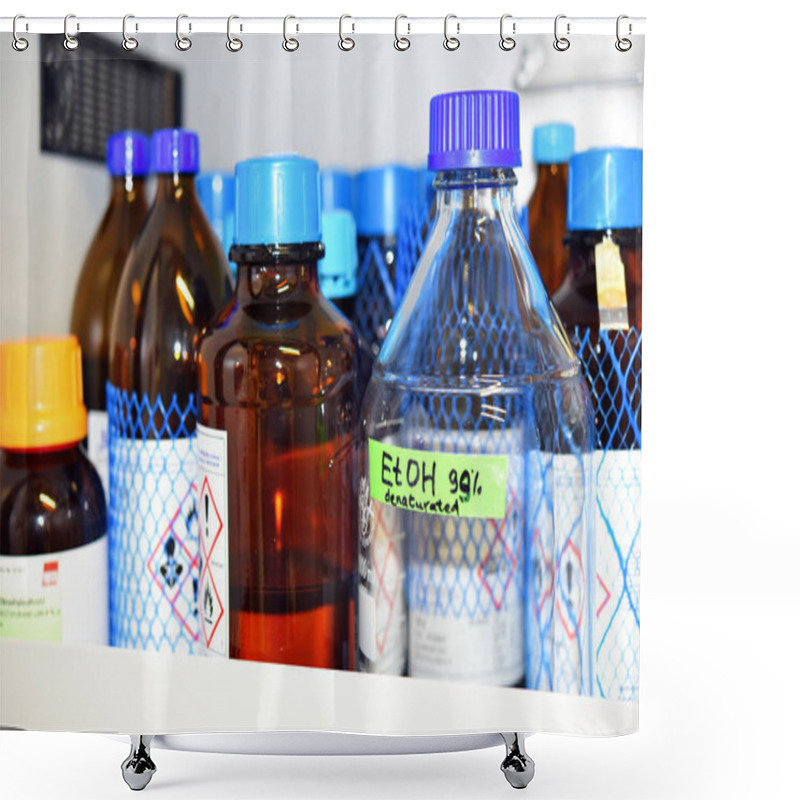 Personality  PRAGUE, CZECH REPUBLIC - May 25, 2019: Many Bottles Of Solvents And Reagents For Cell Culture On A Shelf In Laboratory. Alcohol. Spirit. Institute Of Organic And Biochemistry. Shower Curtains