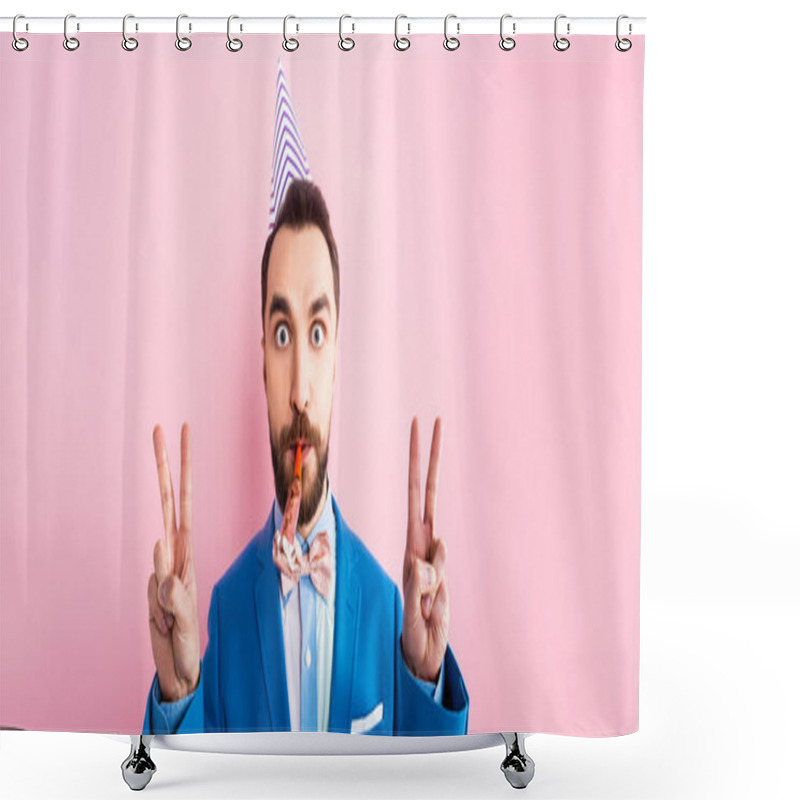 Personality  Panoramic Shot Of Businessman In Party Cap Holding Party Blower In Mouth And Showing Peace Sign Isolated On Pink  Shower Curtains