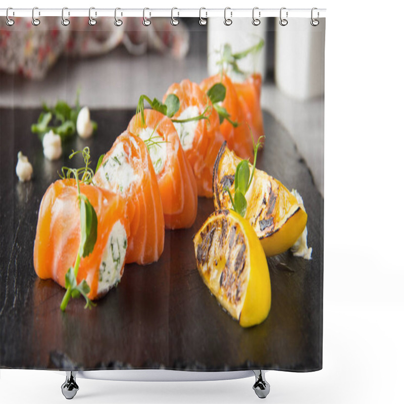 Personality  Salmon Rolls Stuffed With Cream Cheese And Herbs, Beautiful Snack, Elegant Food For Menu. Tasty Dish Shower Curtains