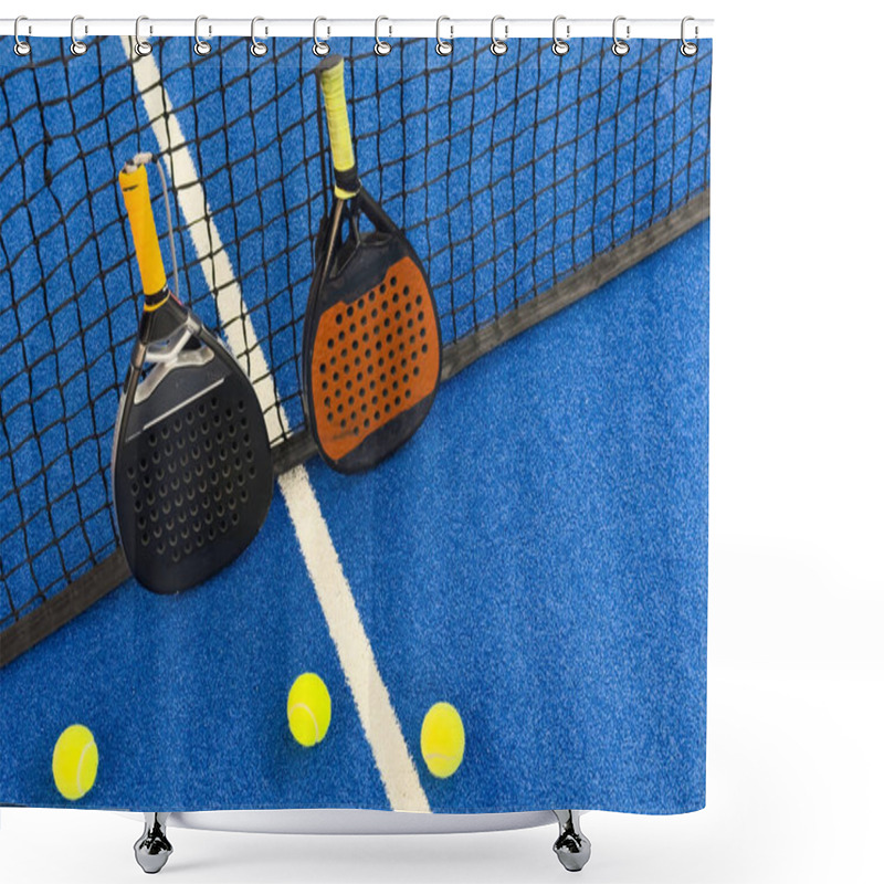 Personality  Padel Racket On A Padel Blue Court With A Ball. High Quality Photo Shower Curtains