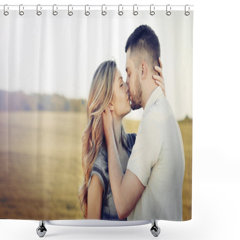 Personality  Stunning Sensual Young Couple In Love Kissing At The Sunset In S Shower Curtains