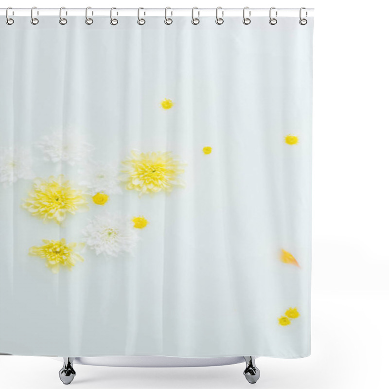 Personality  Top View Of Yellow And White Chrysanthemum Flowers In Milk Backdrop Shower Curtains