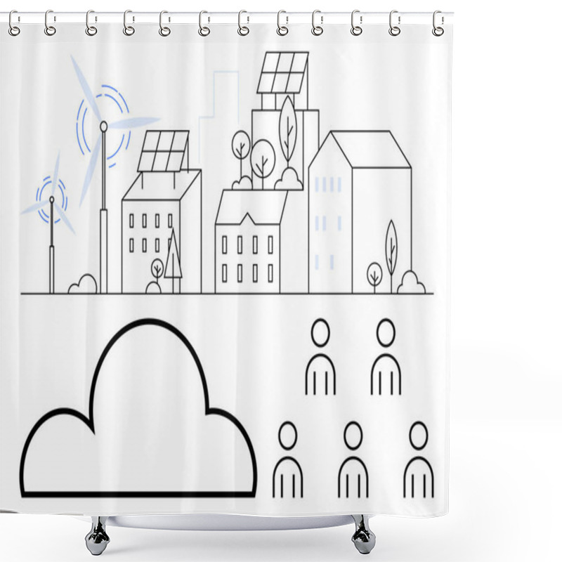 Personality  Wind Turbines, Solar Panel Buildings, Residential Homes, Trees, And Simplified People Icons Below A Cloud Icon. Ideal For Sustainability, Renewable Energy, Urban Planning, Community, Green Living Shower Curtains