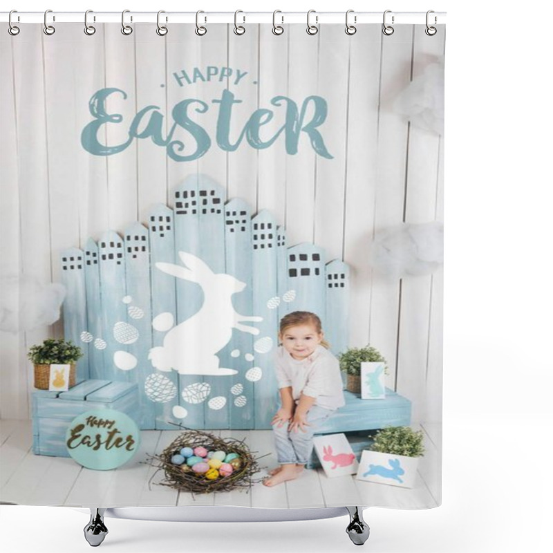 Personality  Adorable Little Child Sitting In Easter Decorated Room With Happy Easter Lettering Shower Curtains