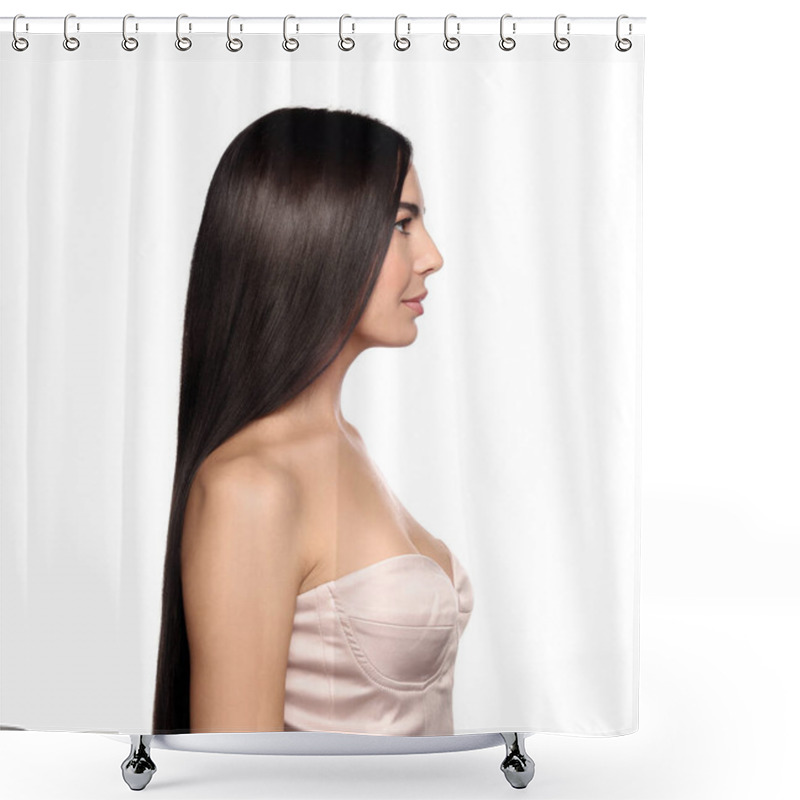 Personality  Beautiful Young Woman With Healthy Strong Hair On White Background Shower Curtains