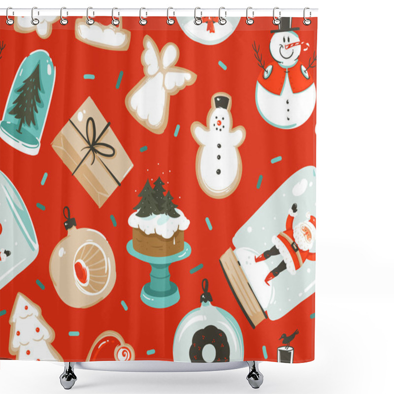 Personality  Hand Drawn Vector Abstract Fun Stock Flat Merry Christmas,and Happy New Year Time Cartoon Festive Seamless Pattern With Cute Illustrations Of Xmas Retro Vintage Toys Isolated On Color Background Shower Curtains