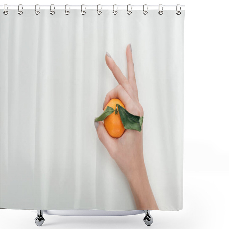 Personality  Cropped View Of Woman Showing Ok Sign With Tangerine In Hand  Shower Curtains