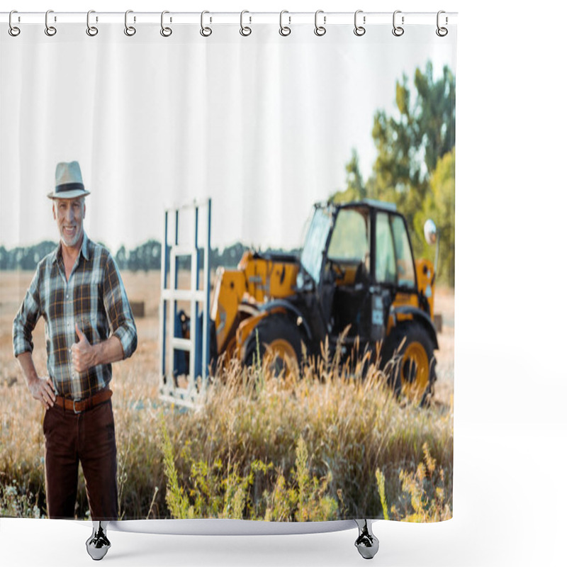 Personality  Happy Senior Farmer Showing Thumb Up Near Tractor  Shower Curtains