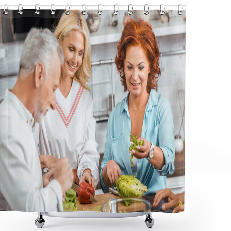 Personality  Smiling Mature Friends Preparing Healthy Detox Salad For Dinner At Home Shower Curtains