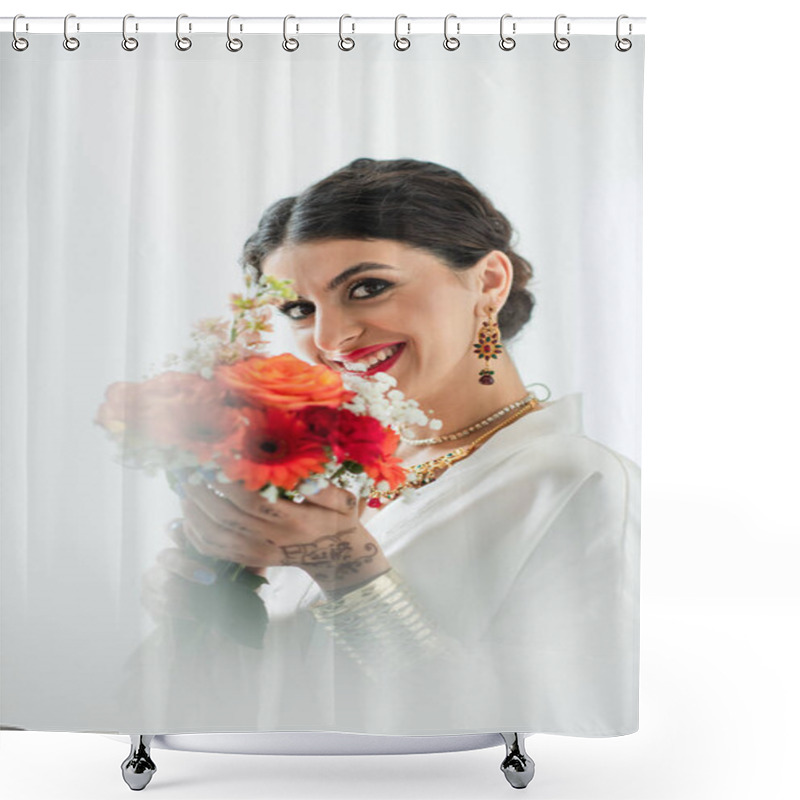 Personality  Happy Indian Bride With Mehndi Holding Bouquet Of Flowers On White Shower Curtains