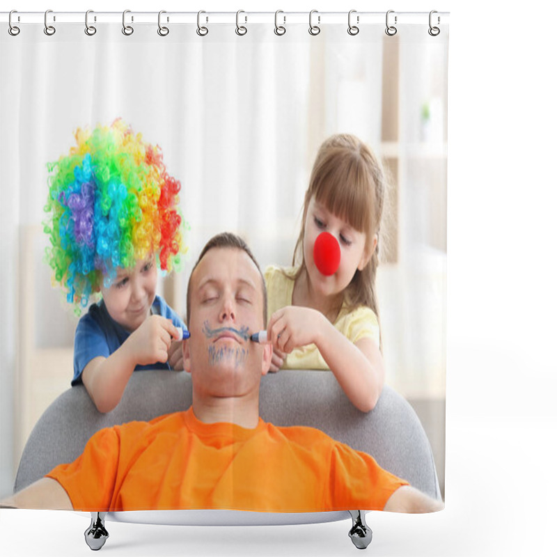 Personality  Little Children Painting Their Father's Face While He Sleeping. April Fool's Day Prank Shower Curtains