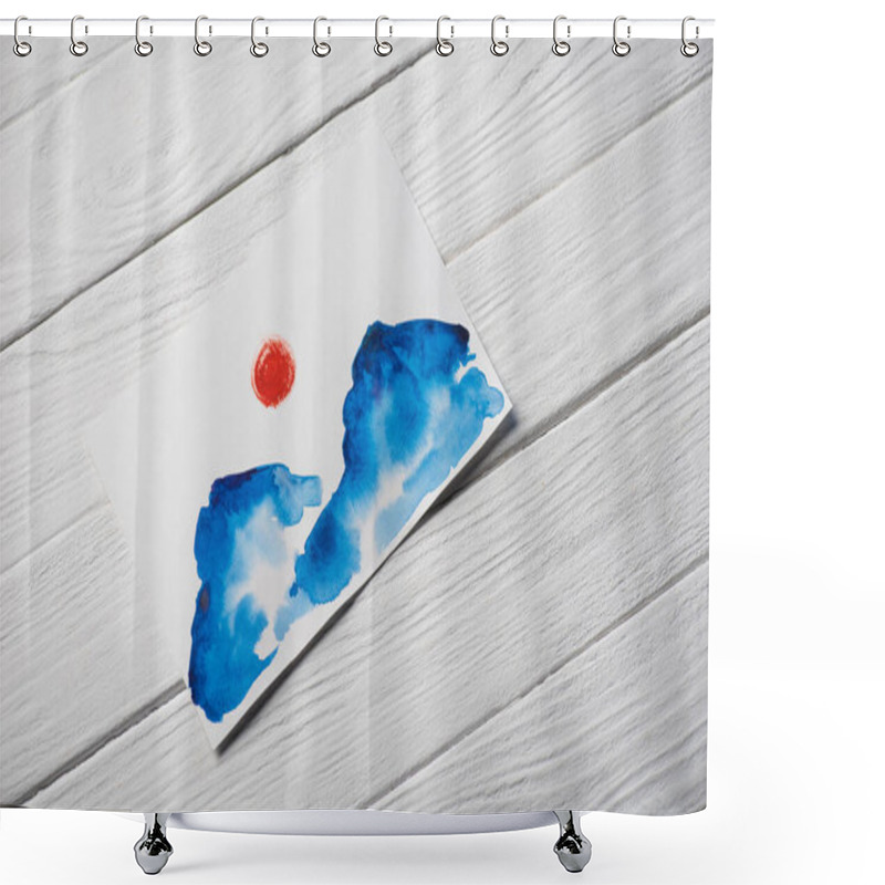 Personality  Top View Of Paper With Japanese Painting With Clouds And Sun On Wooden Background Shower Curtains