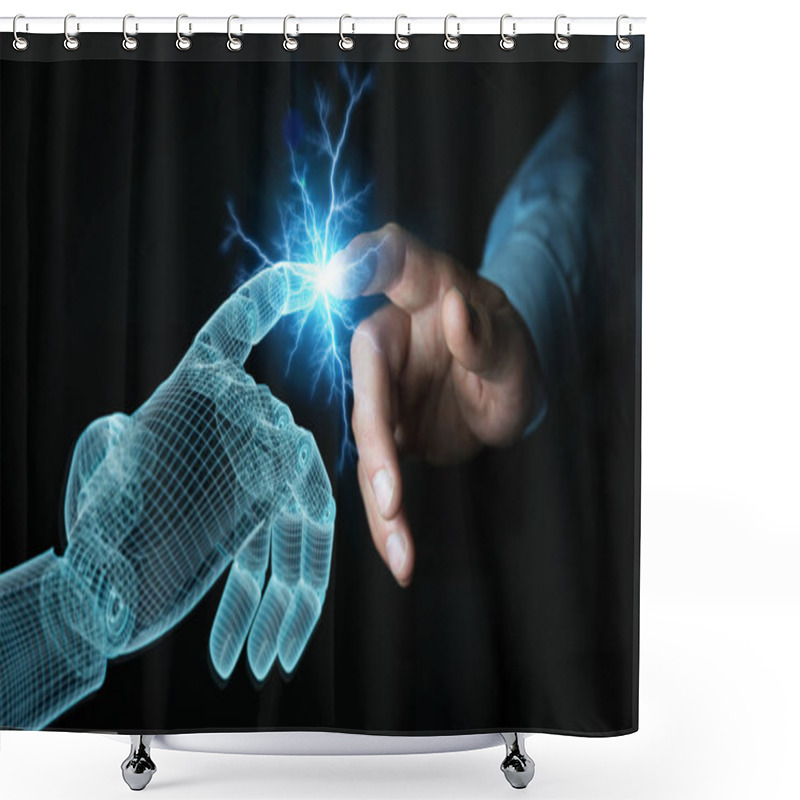 Personality  Wireframed Robot Hand Connecting With Human Hand On Dark 3D Rend Shower Curtains