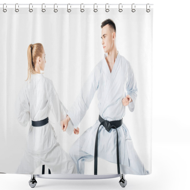 Personality  Karate Fighters Training Block Isolated On White Shower Curtains