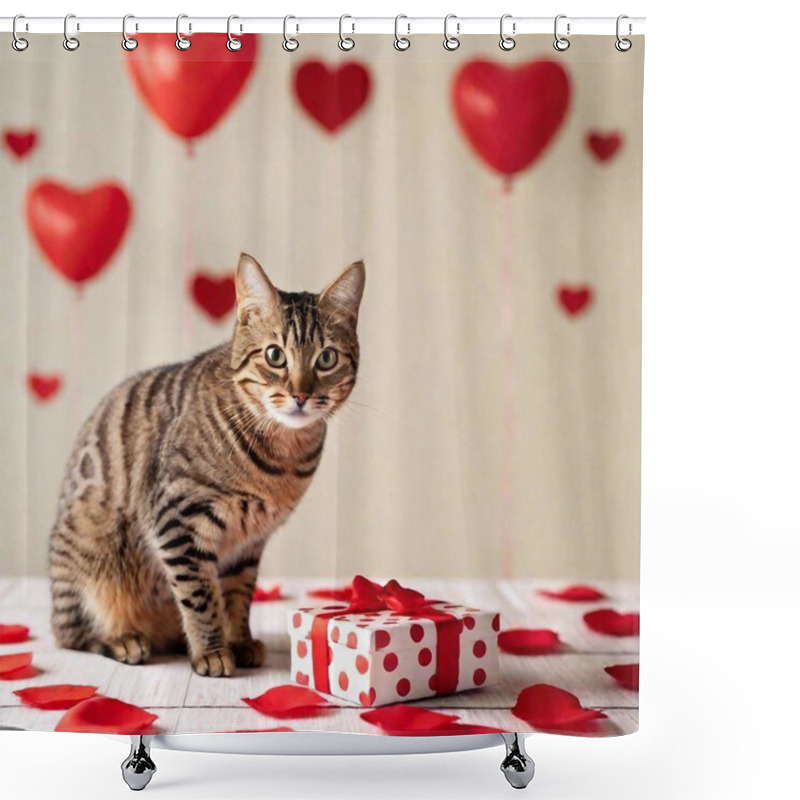 Personality  Tobby Cat And Gift Box In Background With Red Hearts And Rose Petals Shower Curtains