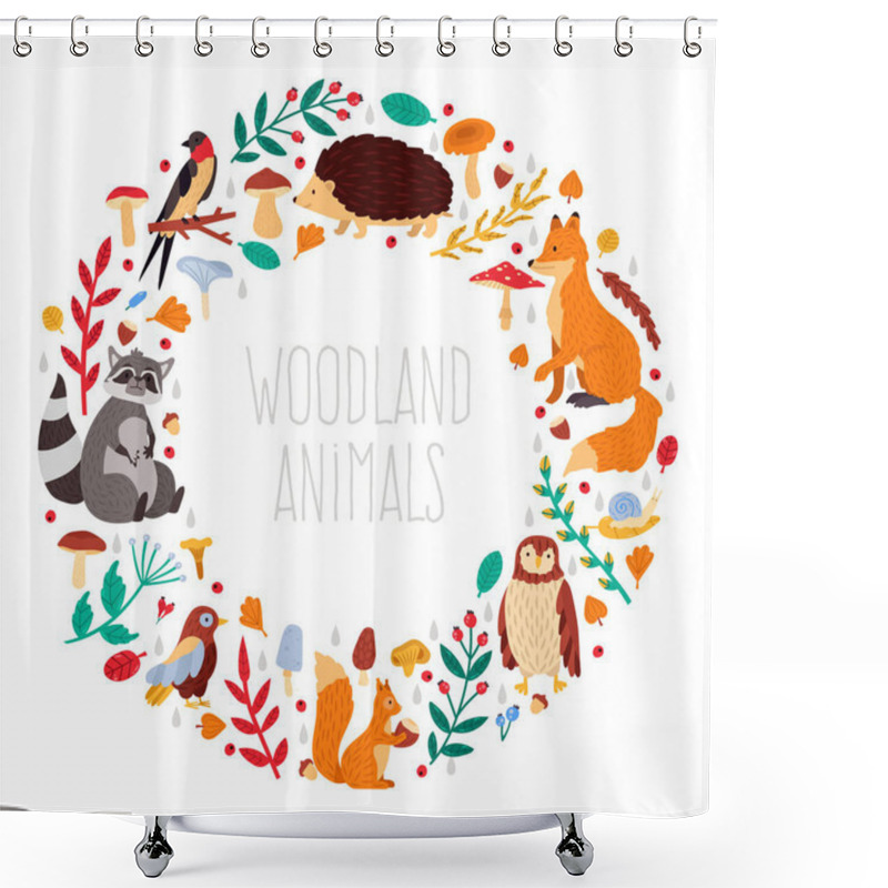 Personality  Autumn Animals Wreath. Cute Cartoon Autumn Animals, Leaves And Mushrooms, Woodland Birds And Animals Wreath Vector Illustration Icons Set Shower Curtains