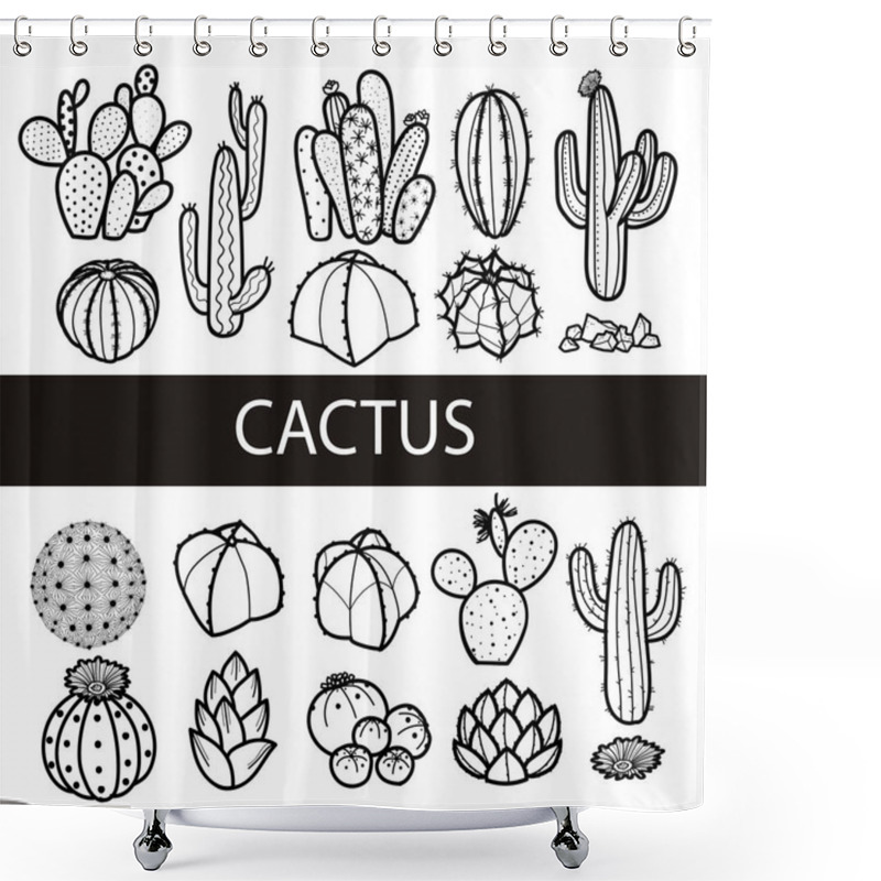 Personality  Set Of Isolated Cactus And Succulents In Black Outline. Vector I Shower Curtains