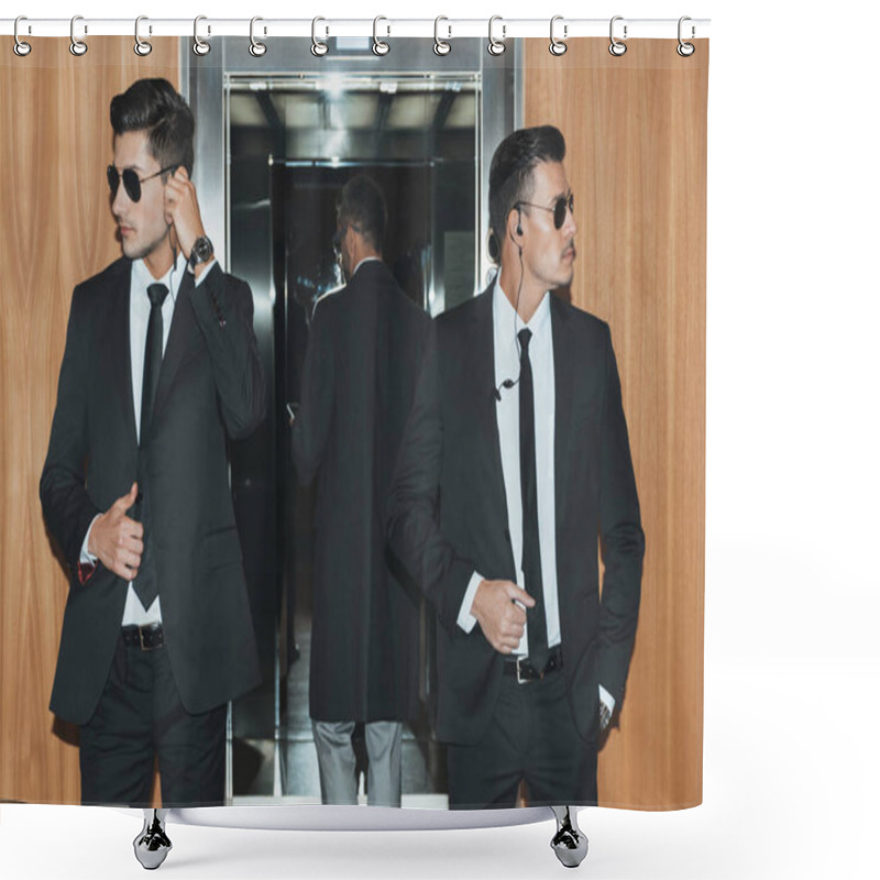 Personality  Bodyguards Reviewing Territory When Businessman Standing In Elevator  Shower Curtains