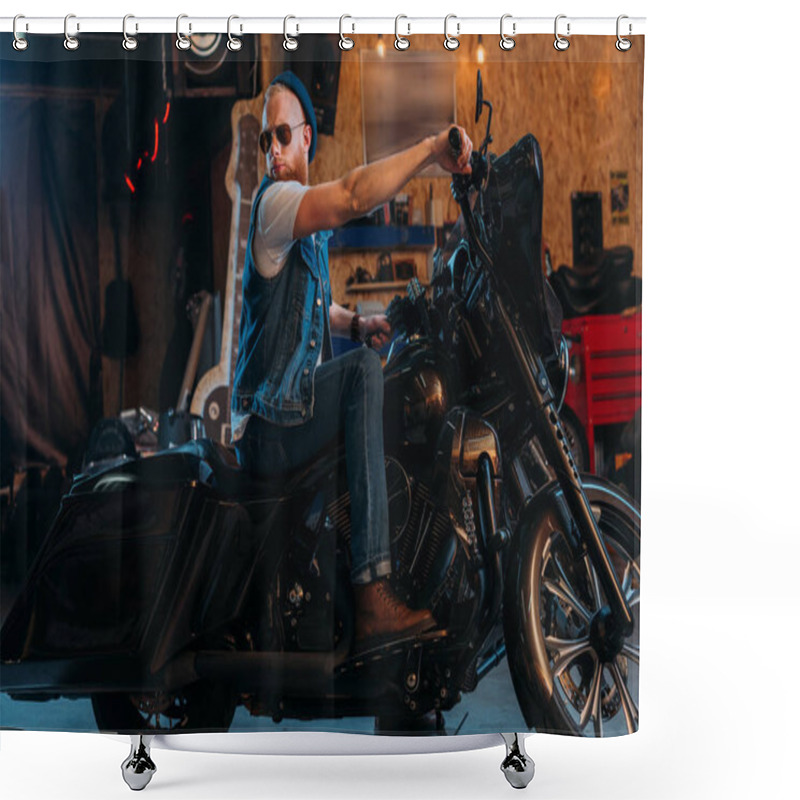 Personality  Handsome Young Man Sitting On Motorcycle At Garage Shower Curtains