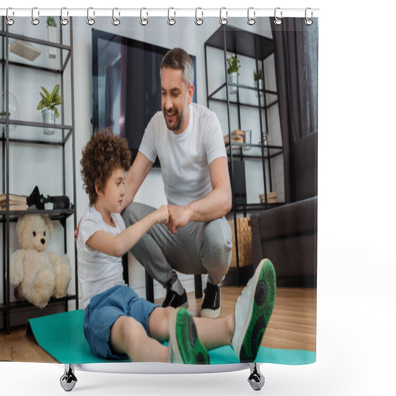 Personality  Cheerful Father Bumping Fists With Happy Son On Fitness Mat  Shower Curtains