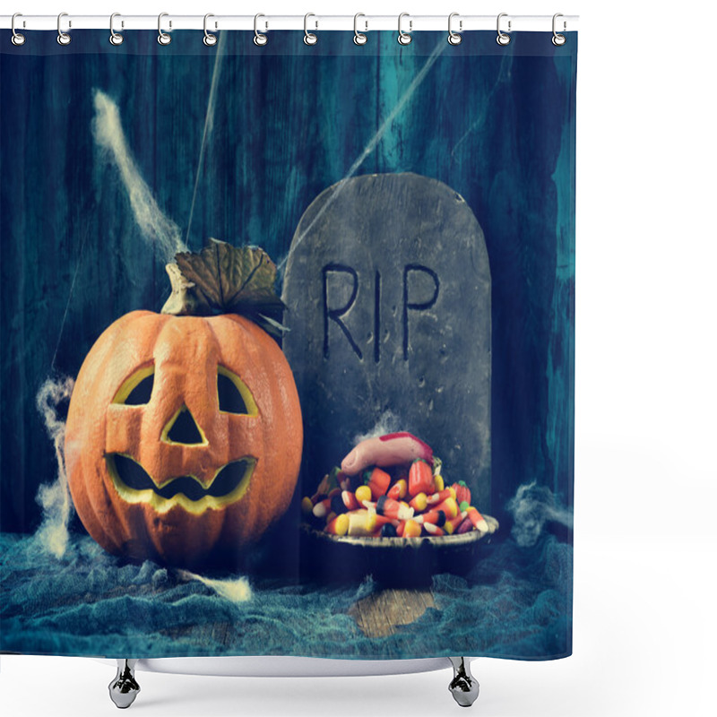 Personality  Carved Pumpkin, Gravestone And Halloween Candies Shower Curtains