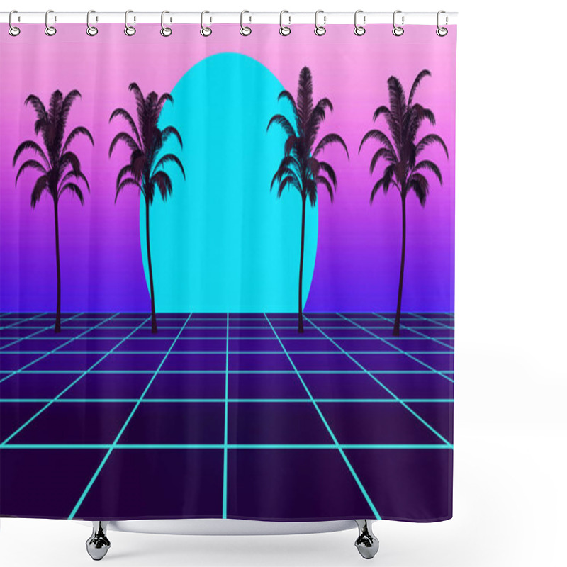 Personality  3D Background Illustration Inspired By 80's Scene, Synthwave And Retrowave Music. Futuristic Background The 80`s. Shower Curtains