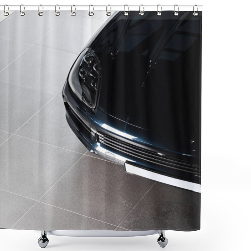 Personality  KYIV, UKRAINE - OCTOBER 7, 2019: Black And Shiny Porshe In Car Showroom  Shower Curtains