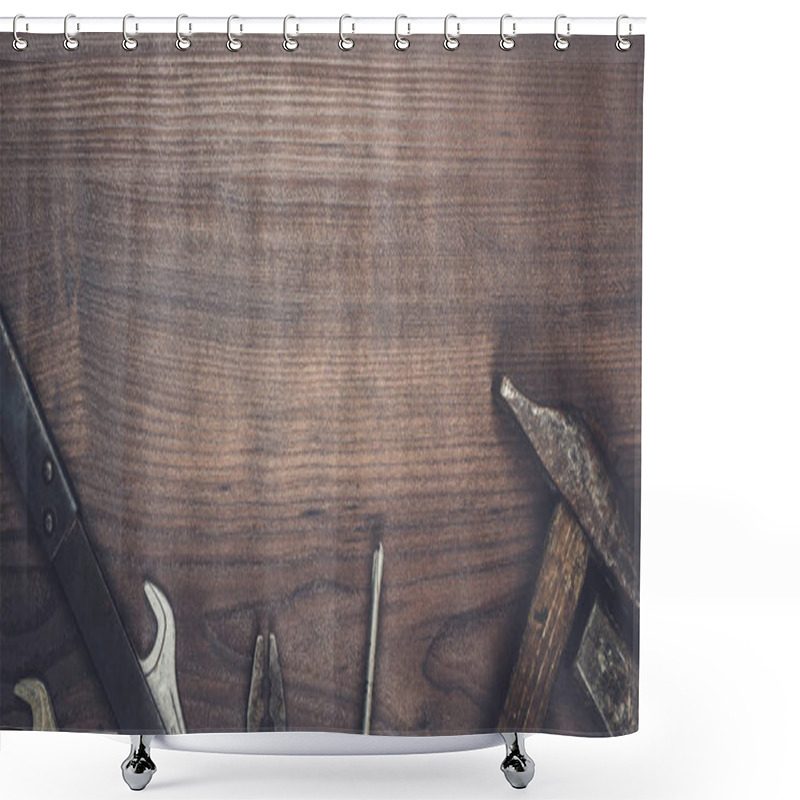 Personality  Rusty Construction Tools On The Wooden Background Shower Curtains