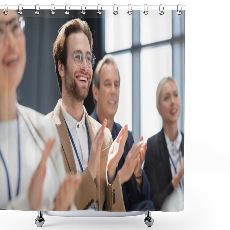 Personality  Selective Focus Of Young Businessman Applauding With Multiethnic Colleagues On Seminar Shower Curtains