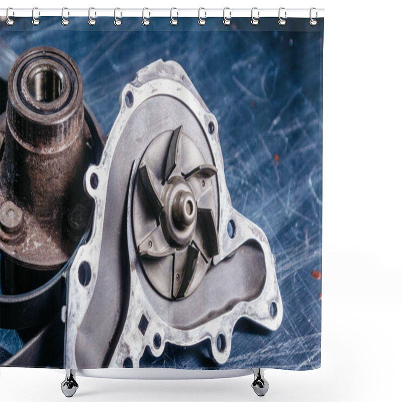 Personality  Used Auto Parts, Coolant Pump And Wheel Hub. Car Repair Concept. Shower Curtains