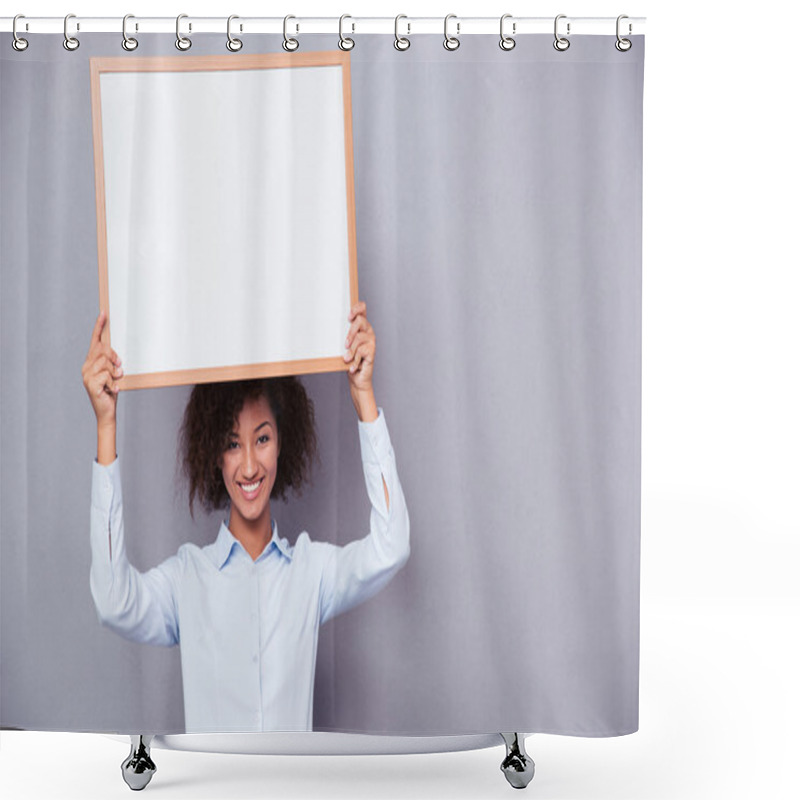 Personality  Happy Afro American Woman Holding Blank Board  Shower Curtains